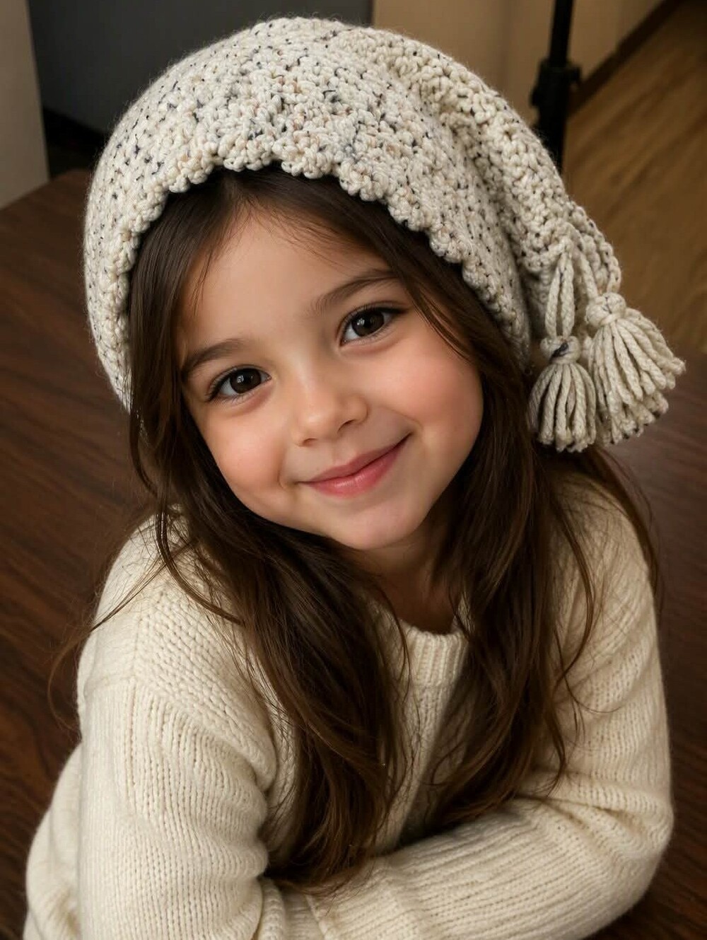 Kids Cream Knit Tassel Beanie - Soft Crochet Winter Hat
